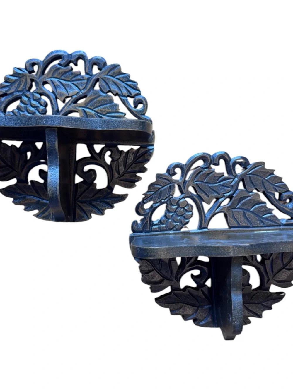 Vintage Set of 2 Carved Wood Grapevine Wall Shelves for Plants/Candles/Figurines